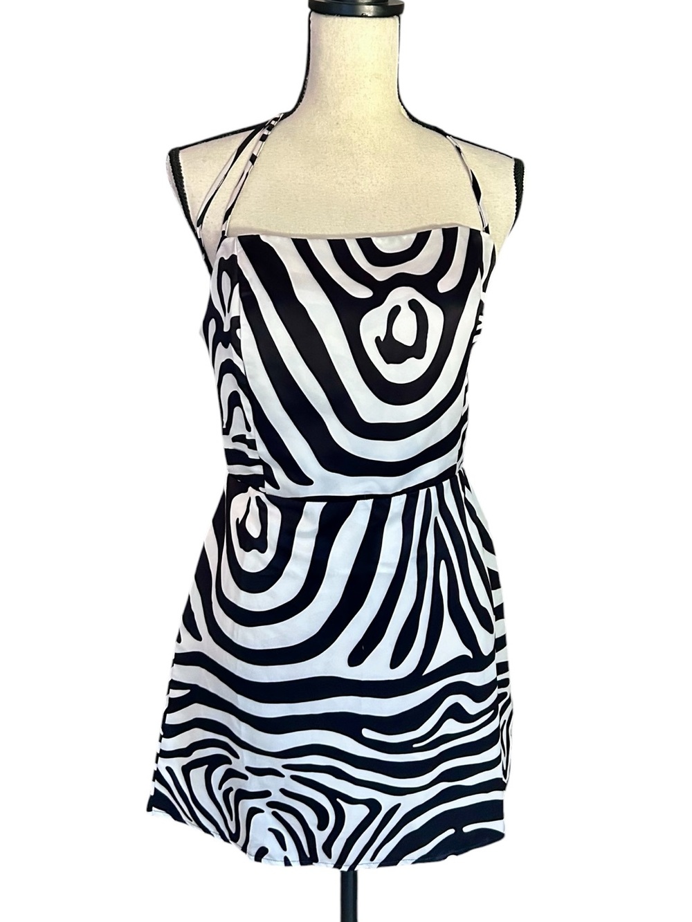 NWT Inamorata Varick Mini Dress Backless White Black Zebra Swirl Print Sz Large